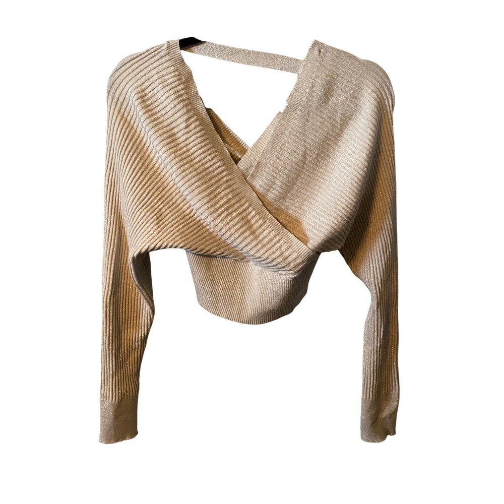 HYFVE Metallic Ribbed Wrap Sweater Long Sleeve Cutout Back Women's Size L‎